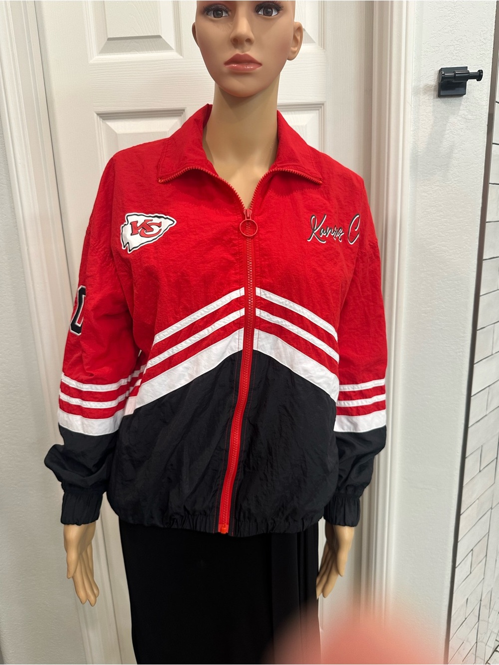 Red and Black Varsity Zip Jacket with White Chevron Stripes